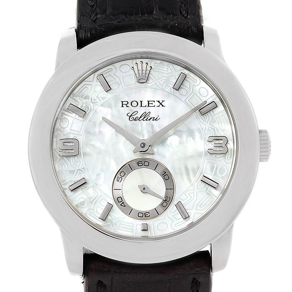 This image shows a front view of a Rolex Cellini 5240 Men's Platinum Mother of Pearl Dial 5240 Men's Platinum Mother of Pearl Dial watch featuring its dial, hands, and part of the leather strap.