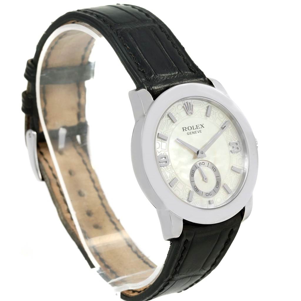 The Rolex Cellini 5240 Men's Platinum Mother of Pearl Dial 5240 Men's Platinum Mother of Pearl Dial watch is shown at a three-quarter angle, highlighting the dial, bezel, and leather strap.