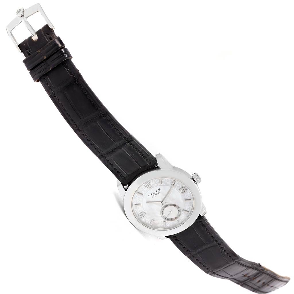 The image shows a Rolex Cellini 5240 Men's Platinum Mother of Pearl Dial 5240 Men's Platinum Mother of Pearl Dial watch at a slight angled perspective, featuring a silver case, white dial, and black leather strap.