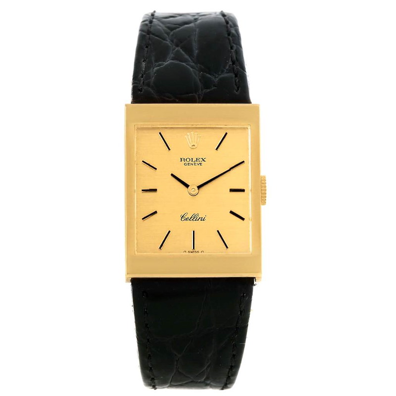 Rolex Cellini 18k Yellow Gold Black Strap Mens Vintage Watch 4027 SwissWatchExpo