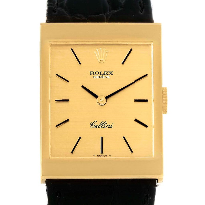 Rolex Cellini 18k Yellow Gold Black Strap Mens Vintage Watch 4027 SwissWatchExpo