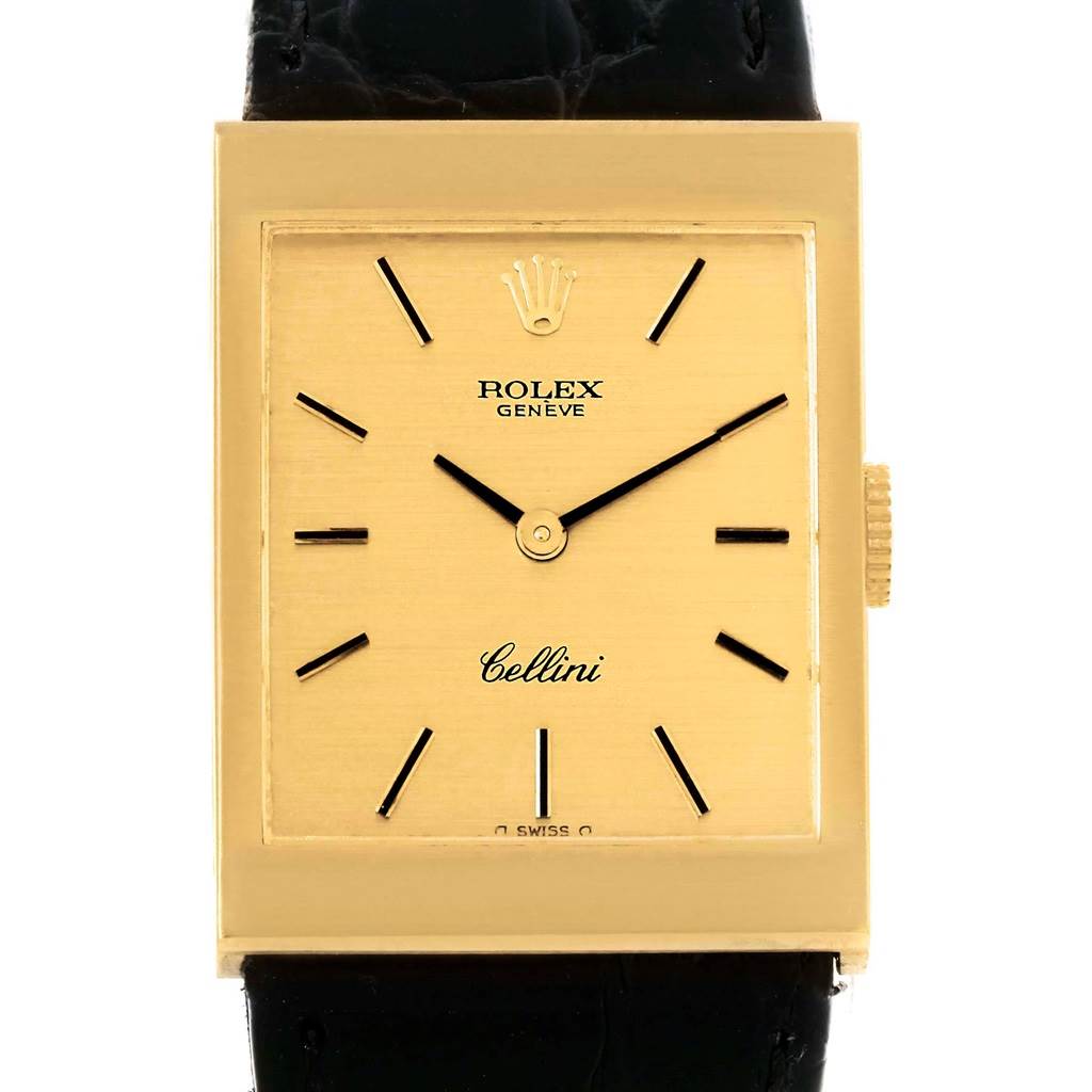 This is a front view of the Rolex Cellini 4027 Men
s Yellow Gold Champagne Dial 4027 Men
s Yellow Gold Champagne Dial watch, showing its rectangular gold face, black hands, and leather strap.
