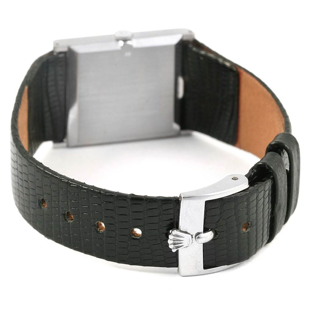 The image shows the back view of a Rolex Cellini 4014 Men's White Gold Silver Dial 4014 Men's White Gold Silver Dial watch, focusing on its leather strap and metal clasp.