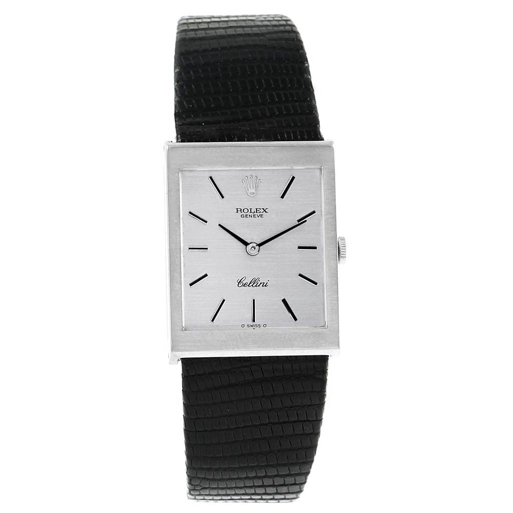 The image shows a front view of the Rolex Cellini 4014 Men's White Gold Silver Dial 4014 Men's White Gold Silver Dial watch with a rectangular dial and a black textured strap.