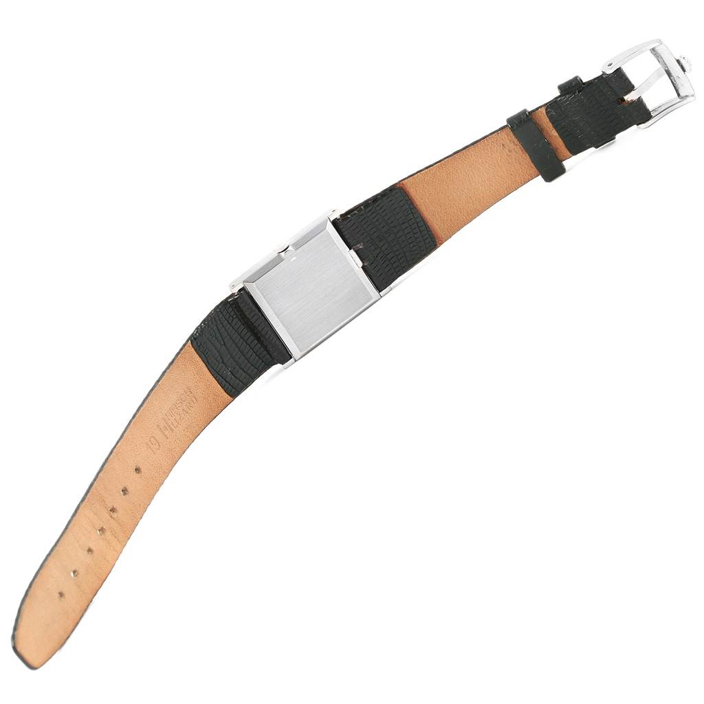 The image shows a side view of a Rolex Cellini 4014 Men's White Gold Silver Dial 4014 Men's White Gold Silver Dial watch, focusing on the leather strap and rectangular case.