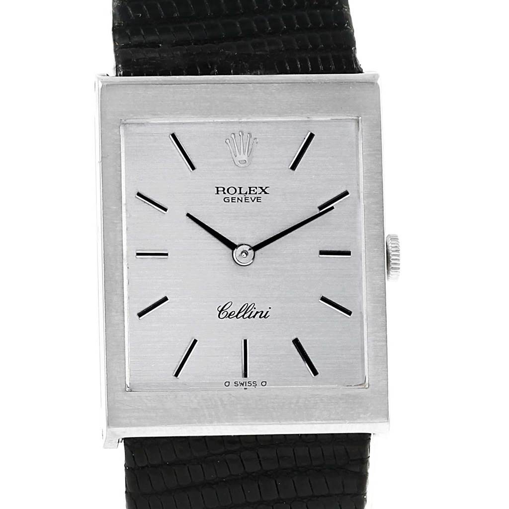 The image shows a front view of a Rolex Cellini 4014 Men's White Gold Silver Dial 4014 Men's White Gold Silver Dial watch displaying its dial, rectangular case, crown, and part of the leather strap.