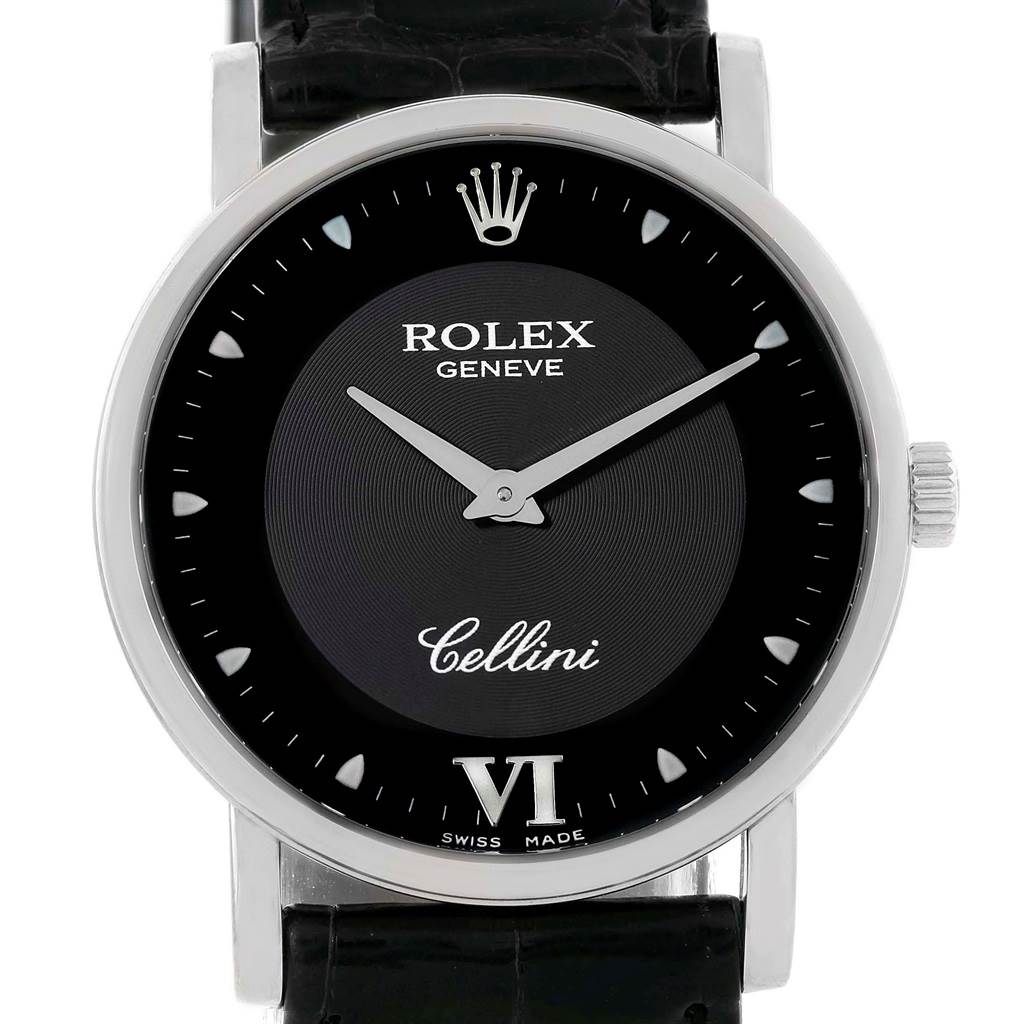This image shows a front view of the Rolex Cellini 5115 White Gold Black Dial 5115 White Gold Black Dial watch, highlighting the watch face, crown, and part of the strap.
