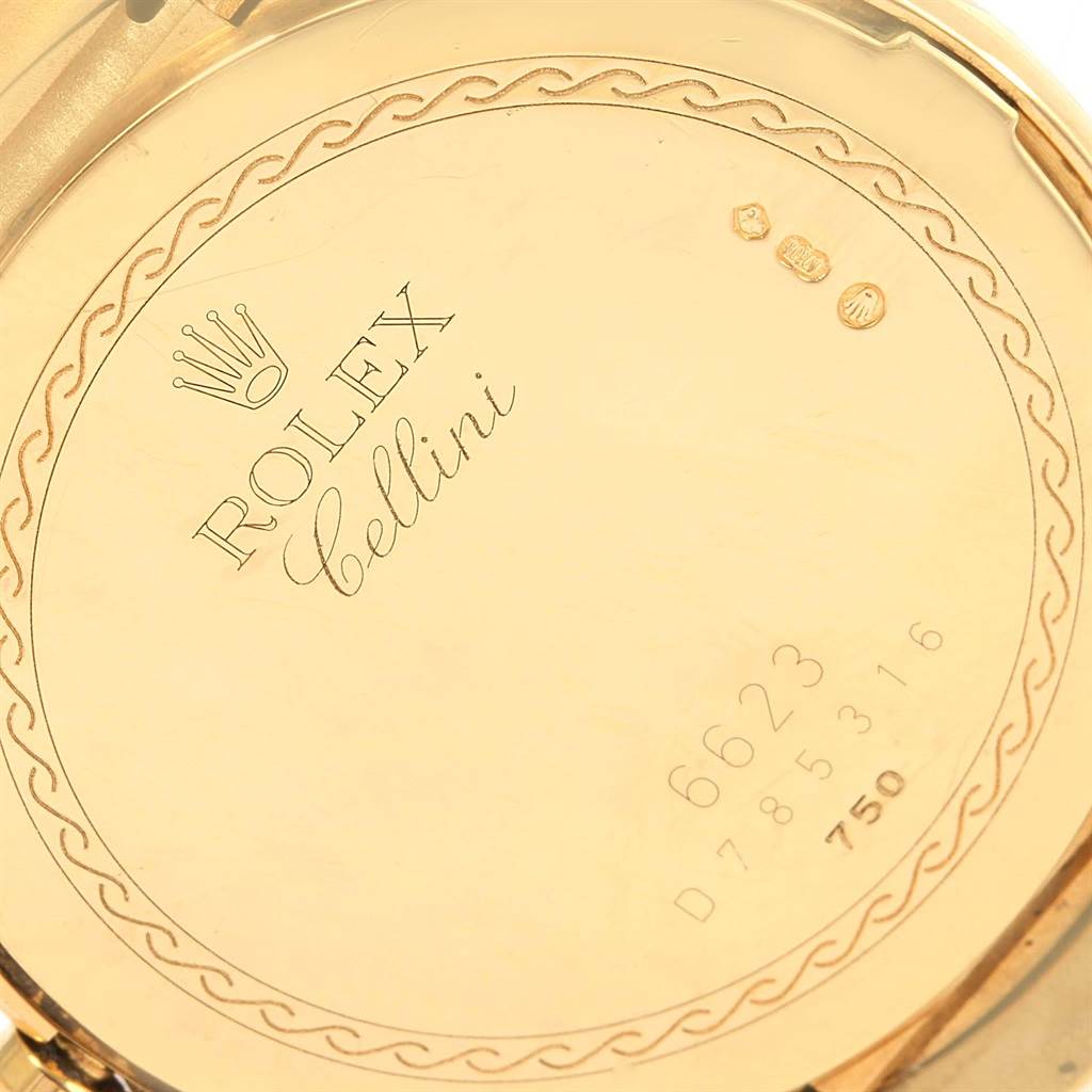 This image shows the back case of a Rolex Cellini 6623 Men's Yellow Gold White Dial 6623 Men's Yellow Gold White Dial watch, highlighting the engraved brand and model details.