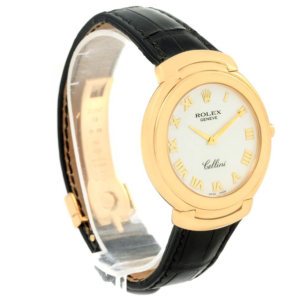 This image shows a Rolex Cellini 6623 Men's Yellow Gold White Dial 6623 Men's Yellow Gold White Dial watch at a slight angle, displaying the face with Roman numerals, gold bezel, and black leather strap.