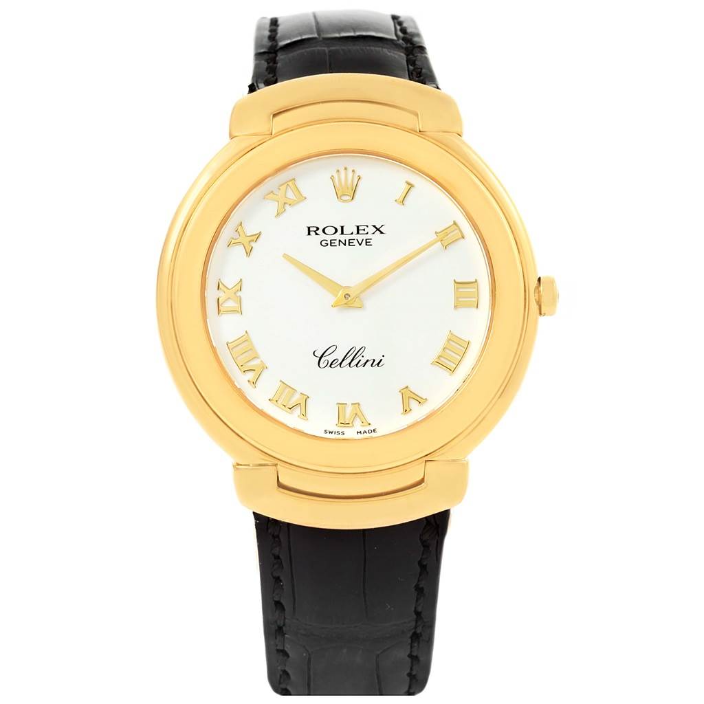 The image shows a front view of the Rolex Cellini 6623 Men's Yellow Gold White Dial 6623 Men's Yellow Gold White Dial watch, highlighting its gold casing, white dial with Roman numerals, and black leather strap.