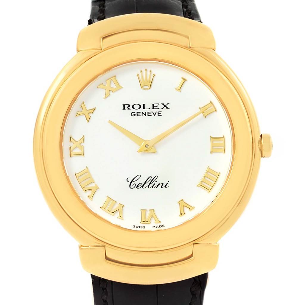 The image shows a frontal view of a Rolex Cellini 6623 Men's Yellow Gold White Dial 6623 Men's Yellow Gold White Dial watch, highlighting its face, gold bezel, Roman numeral markers, and leather strap.