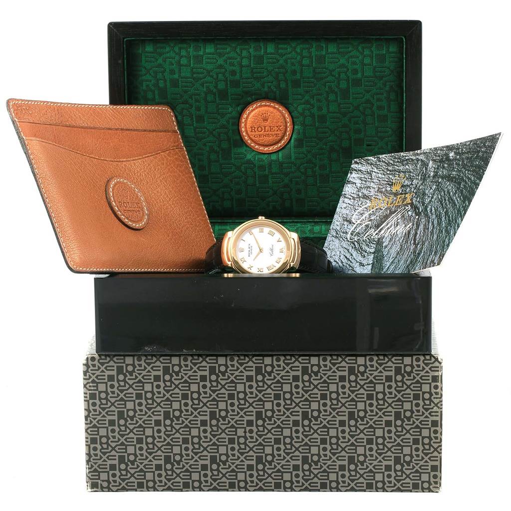 The image shows a Rolex Cellini 6623 Men's Yellow Gold White Dial 6623 Men's Yellow Gold White Dial watch, its box, leather pouch, and documents from a frontal angle.