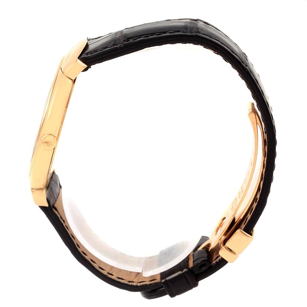 The image shows a side view of the Rolex Cellini 6623 Men's Yellow Gold White Dial 6623 Men's Yellow Gold White Dial watch displaying the gold case and black leather strap.