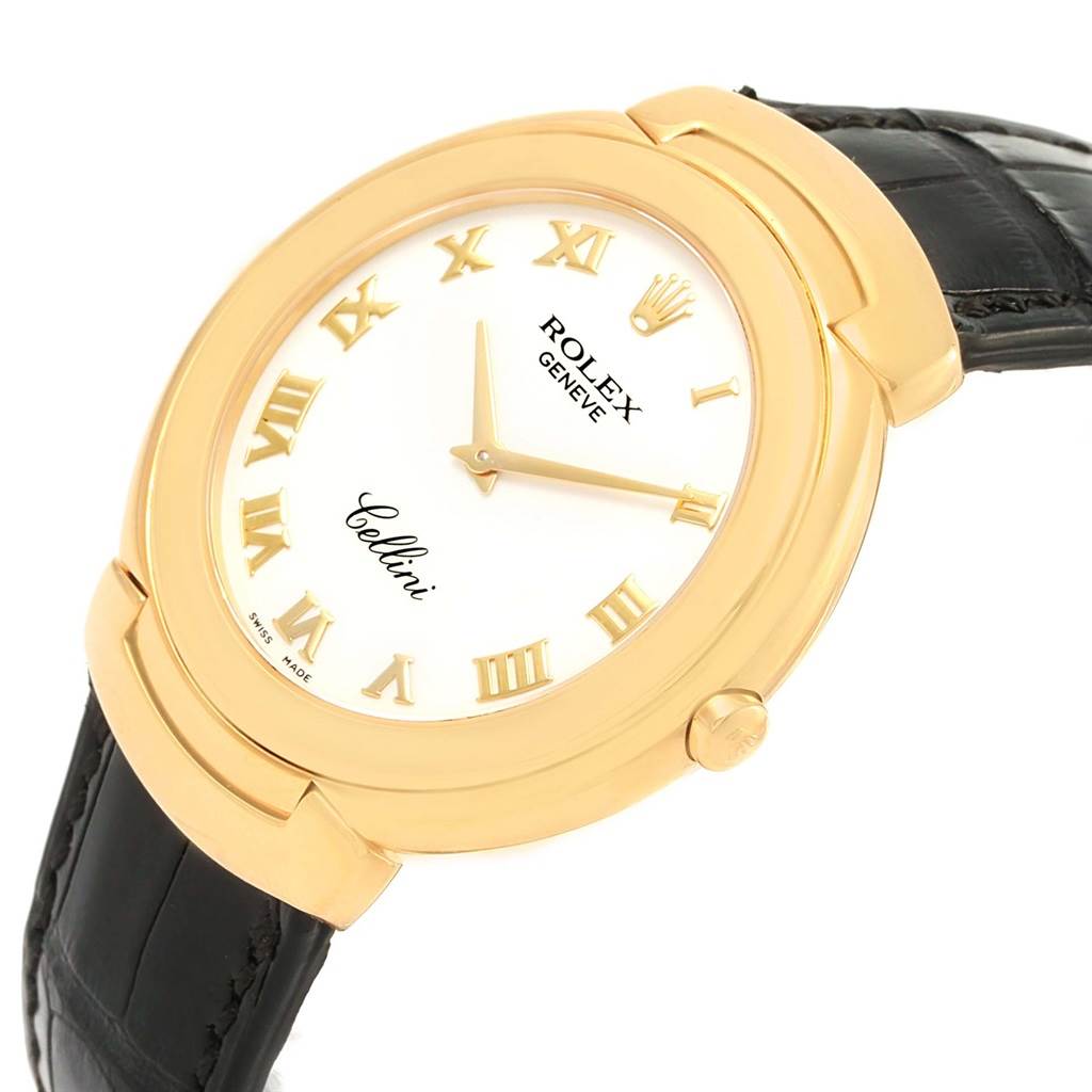 The image shows a Rolex Cellini 6623 Men's Yellow Gold White Dial 6623 Men's Yellow Gold White Dial watch at an oblique angle, highlighting the gold case, white dial, black leather strap, and Roman numerals.