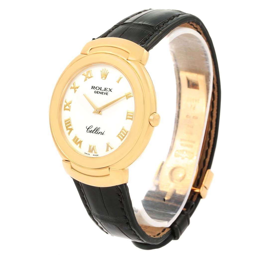 The image displays a Rolex Cellini 6623 Men's Yellow Gold White Dial 6623 Men's Yellow Gold White Dial watch from a front angle, highlighting its gold case, white dial, gold Roman numerals, and black leather band.