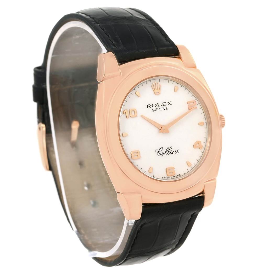 The image shows a Rolex Cellini 5330 Rose Gold Black Dial 5330 Rose Gold Black Dial watch at a slight side angle, displaying the face, case, and part of the black leather strap.