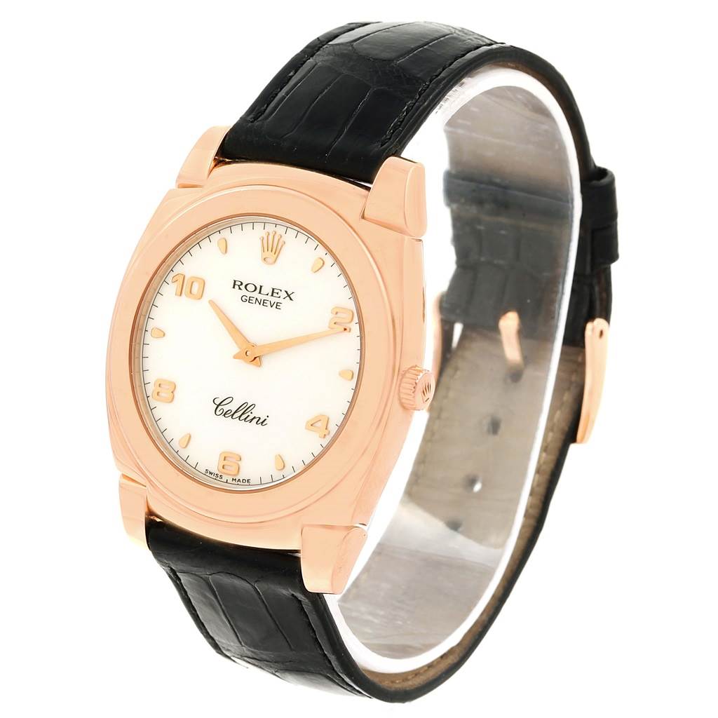 The image shows a Rolex Cellini 5330 Rose Gold Black Dial 5330 Rose Gold Black Dial watch from an angled side view, showcasing the watch face, case, and leather strap.