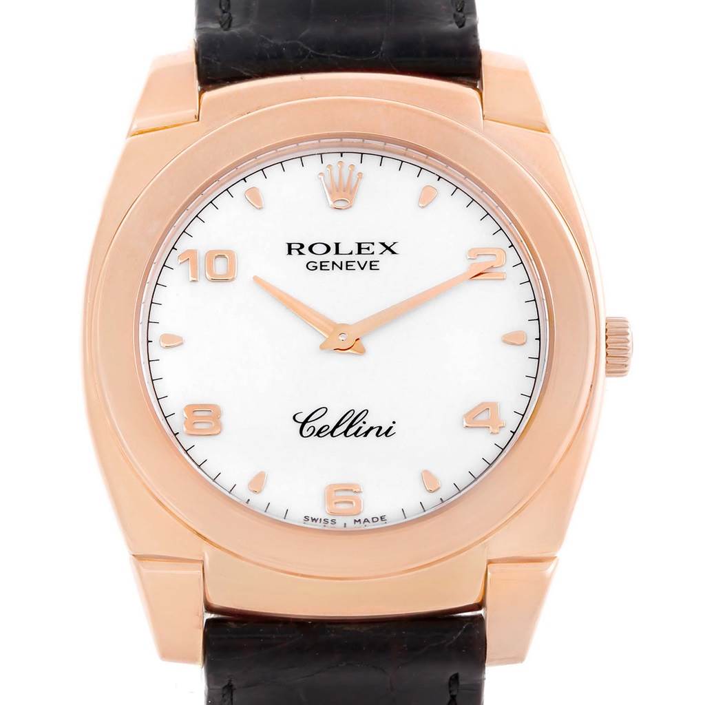 The image shows a front view of a Rolex Cellini 5330 Rose Gold Black Dial 5330 Rose Gold Black Dial watch, displaying its face, rose gold bezel, and black leather strap.