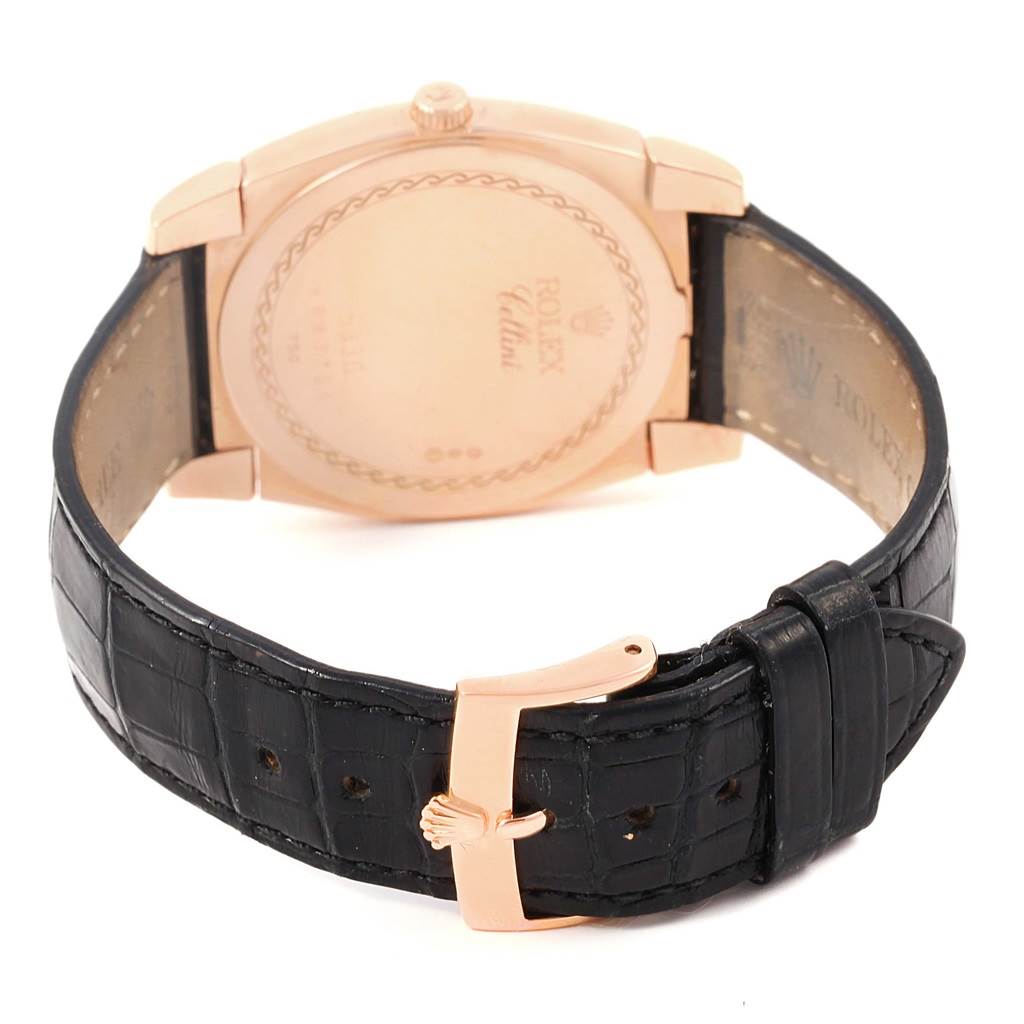The image shows the back view of a Rolex Cellini 5330 Rose Gold Black Dial 5330 Rose Gold Black Dial watch, featuring its rose gold case and black leather strap with a matching buckle.