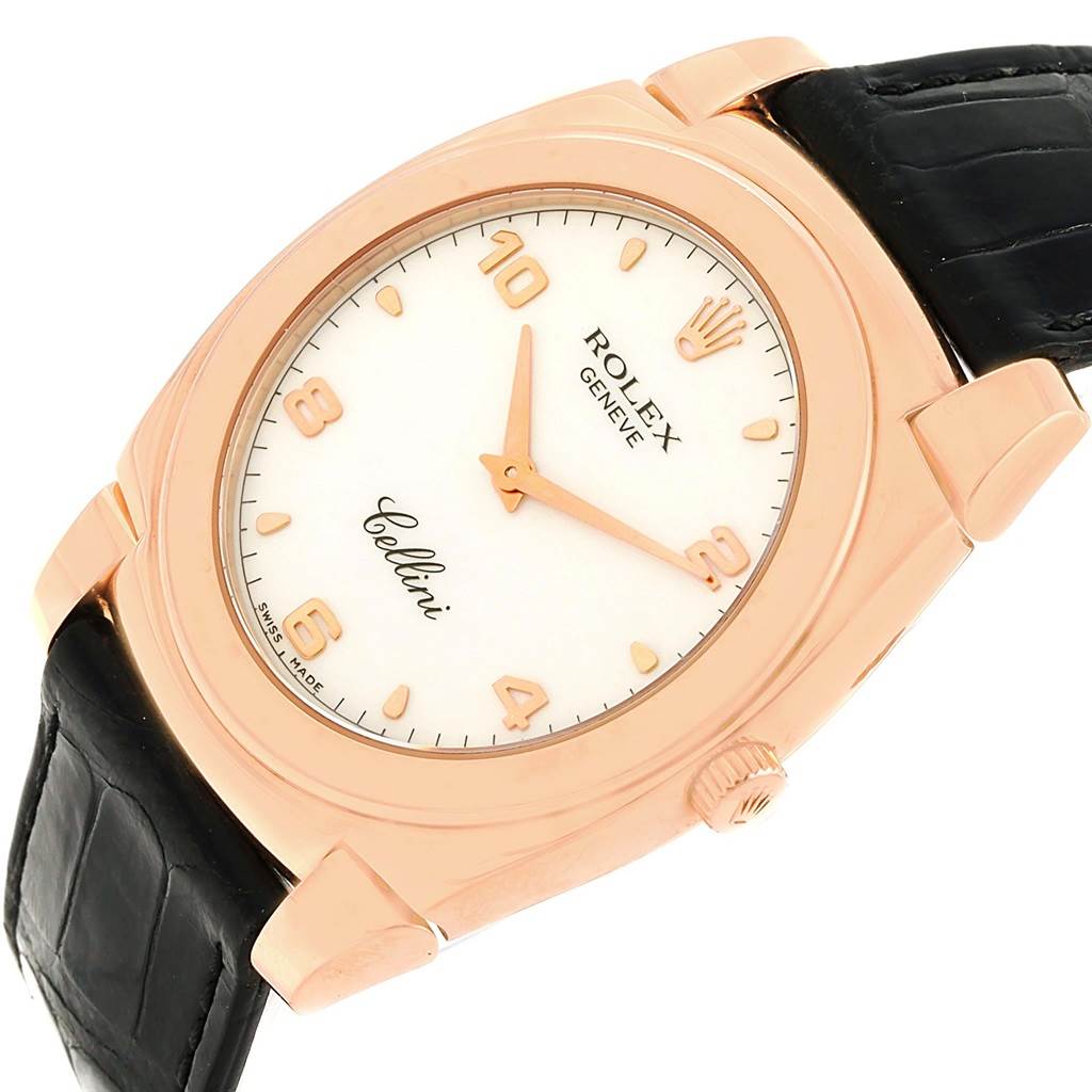 The image shows a Rolex Cellini 5330 Rose Gold Black Dial 5330 Rose Gold Black Dial watch angled from the upper left, displaying its dial, case, and part of the black leather strap.