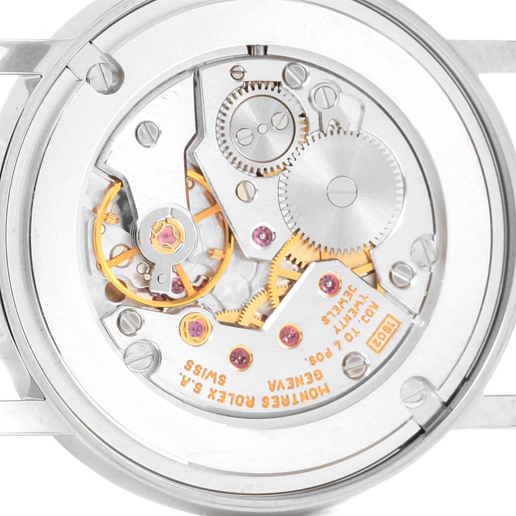 This image shows the intricate internal mechanism and movement of a Rolex Cellini 5115 White Gold Black Dial 5115 White Gold Black Dial watch from a back or rear angle.