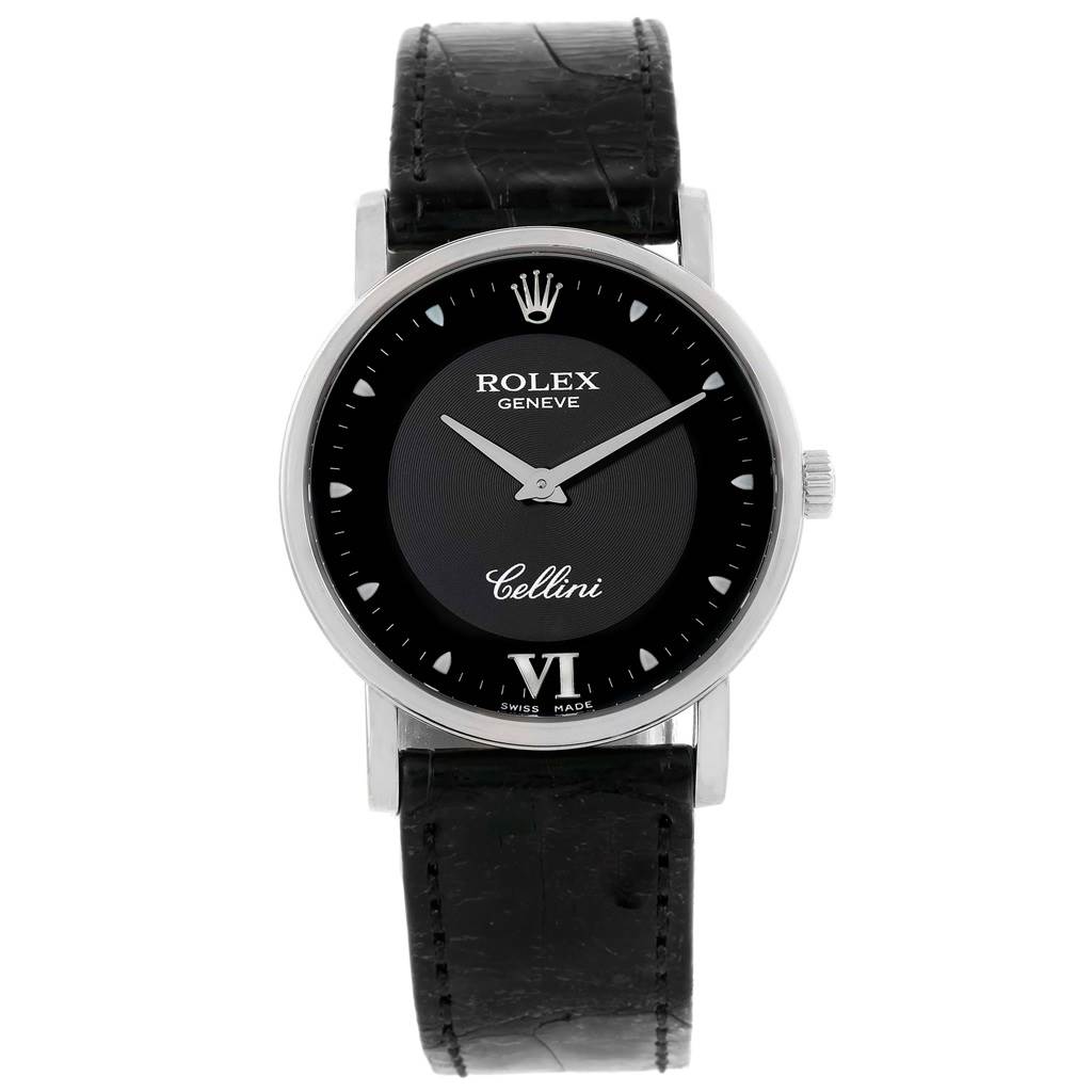 The image shows a Rolex Cellini 5115 White Gold Black Dial 5115 White Gold Black Dial model watch from a front angle, displaying its dial, case, and leather strap.