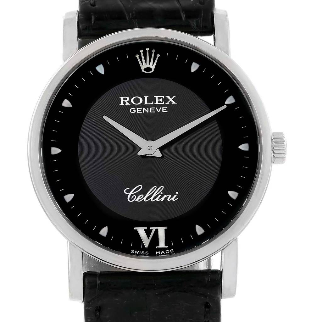 This image shows a front view of the Rolex Cellini 5115 White Gold Black Dial 5115 White Gold Black Dial watch, highlighting its black dial, crown, and leather strap.