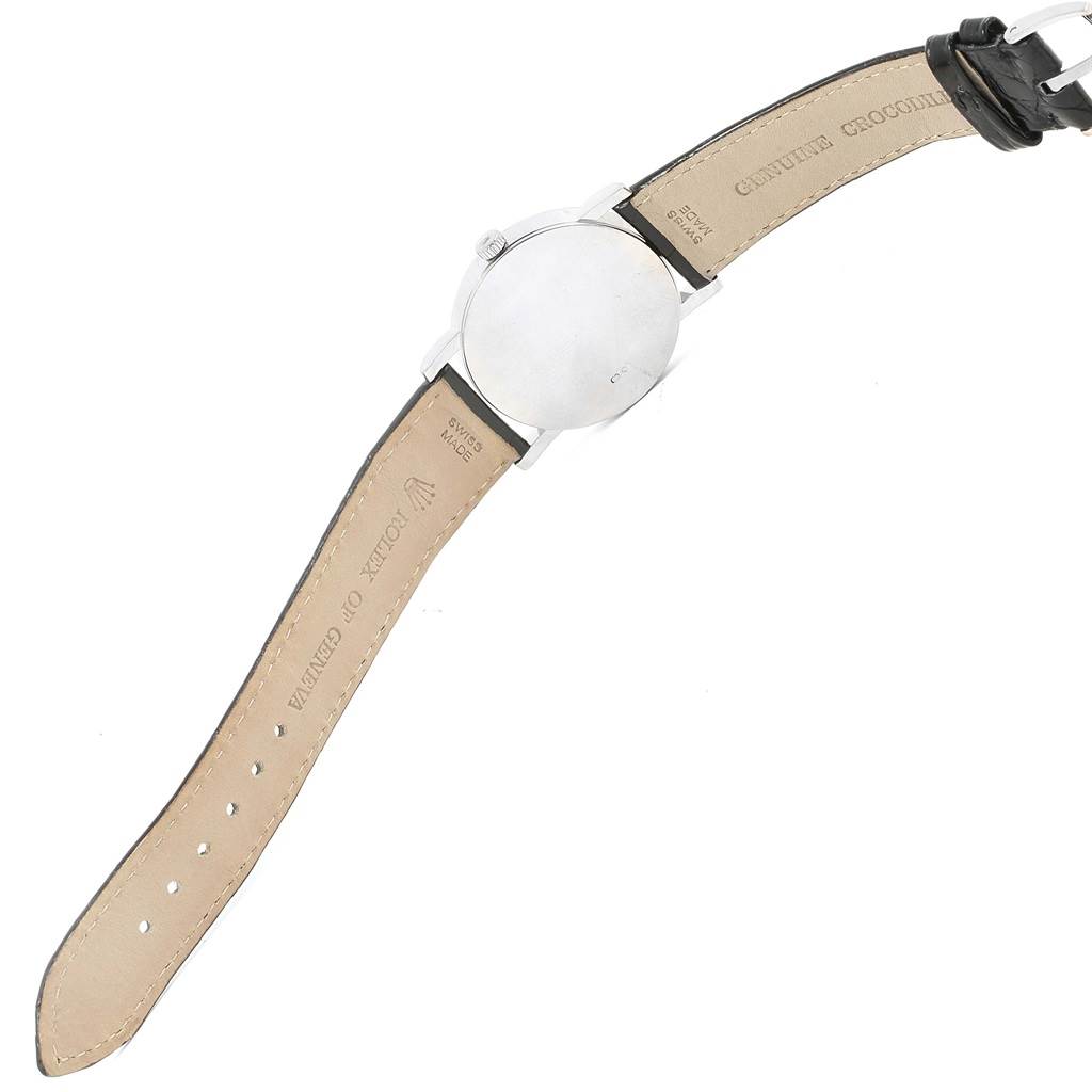 The image shows the back and strap of a Rolex Cellini 5115 White Gold Black Dial 5115 White Gold Black Dial watch, displaying "Genuine Crocodile" and "Rolex of Geneva" inscriptions.