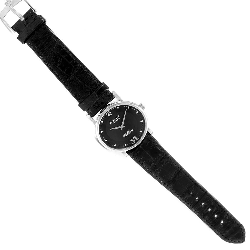 The image shows a top-down view of a Rolex Cellini 5115 White Gold Black Dial 5115 White Gold Black Dial watch with a black leather strap.