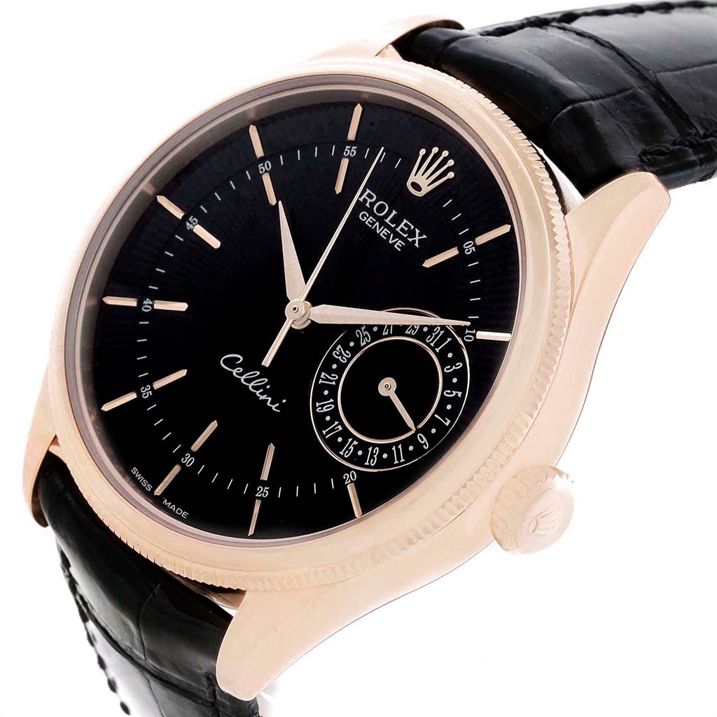 The Rolex Cellini 50515 Men's Rose Gold Black Dial 50515 Men's Rose Gold Black Dial watch is shown at a slight angle, highlighting the dial, case, crown, and part of the leather strap.