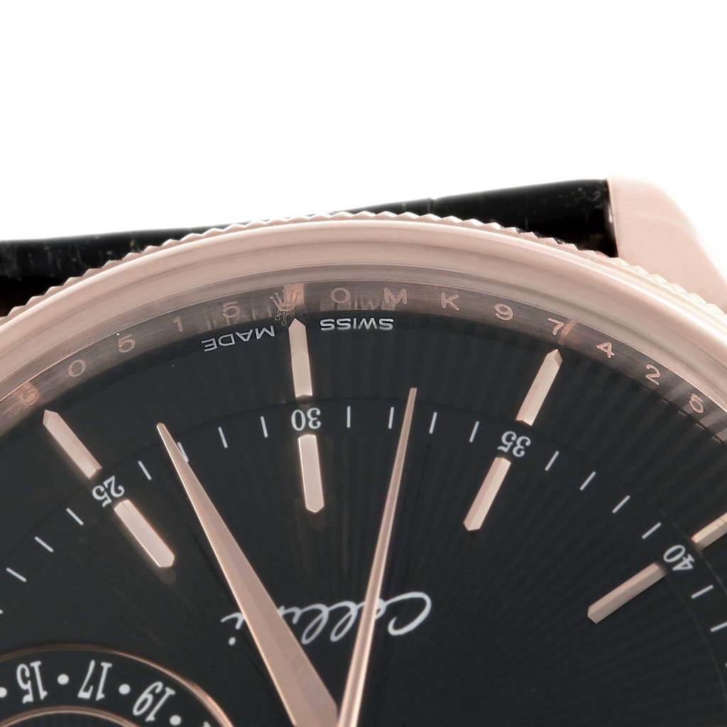 The image shows a close-up of the Rolex Cellini 50515 Men's Rose Gold Black Dial 50515 Men's Rose Gold Black Dial watch's dial, showcasing the minute markers, hands, and part of the bezel.