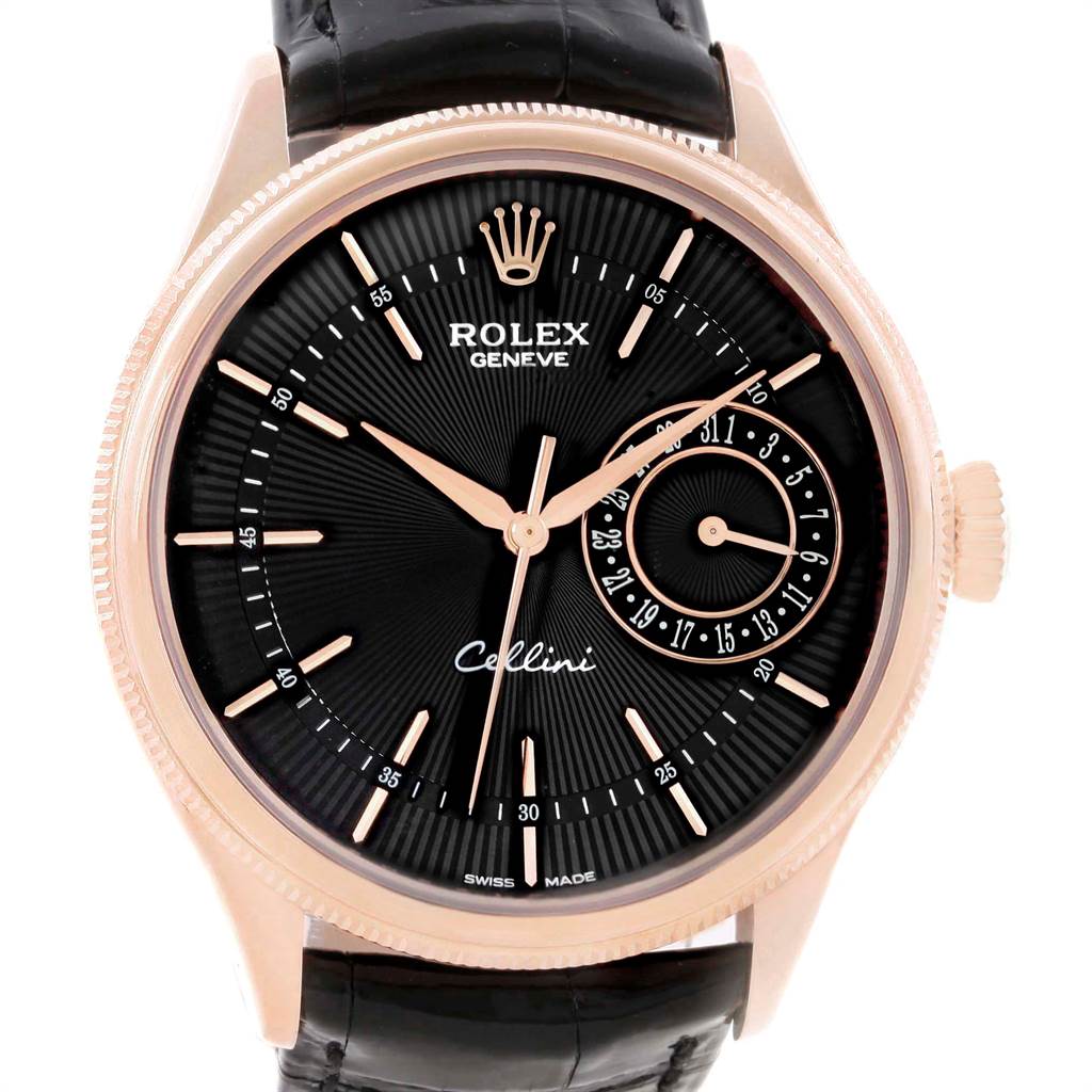 This image shows a Rolex Cellini 50515 Men's Rose Gold Black Dial 50515 Men's Rose Gold Black Dial model watch, viewed from the front, displaying its black dial, gold hands, and markers.