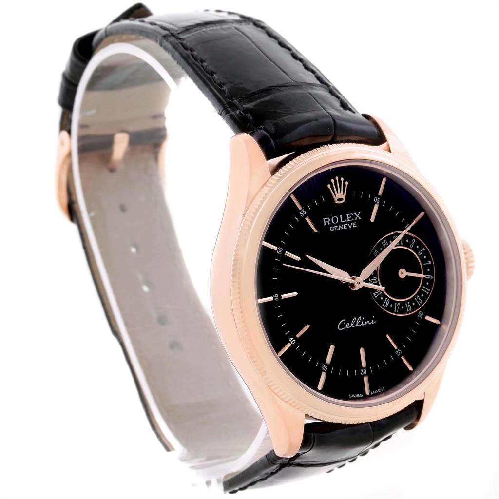 This image shows a Rolex Cellini 50515 Men's Rose Gold Black Dial 50515 Men's Rose Gold Black Dial model watch from a front angle, highlighting the watch face, hands, crown, and leather strap.