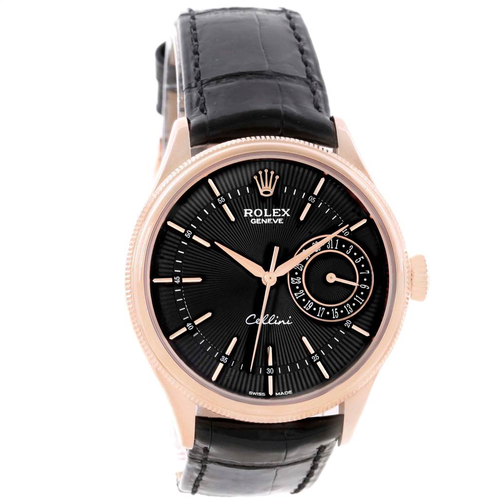 The Rolex Cellini 50515 Men's Rose Gold Black Dial 50515 Men's Rose Gold Black Dial watch is shown from a front angle, displaying its black dial, gold case, and black leather strap.