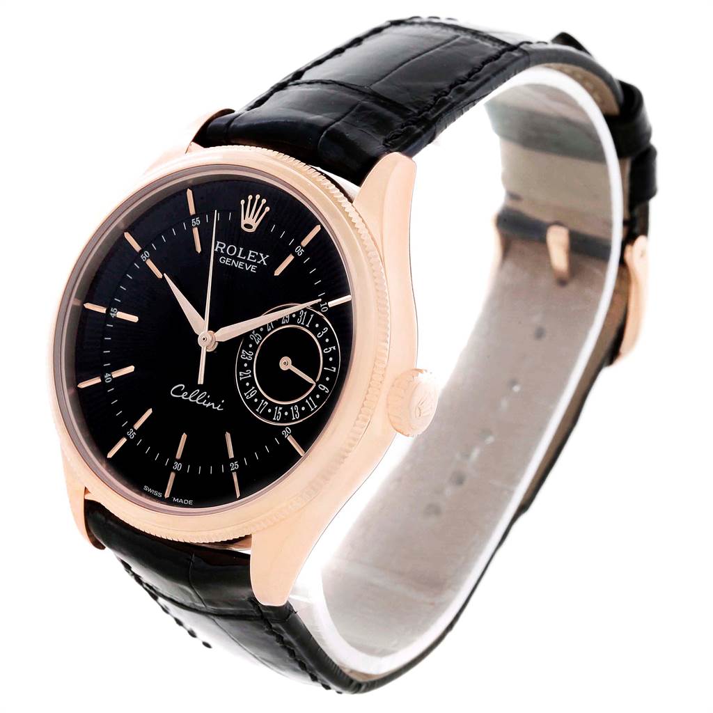 The Rolex Cellini 50515 Men's Rose Gold Black Dial 50515 Men's Rose Gold Black Dial watch is shown at an angled view, highlighting the watch face, bezel, crown, and strap.