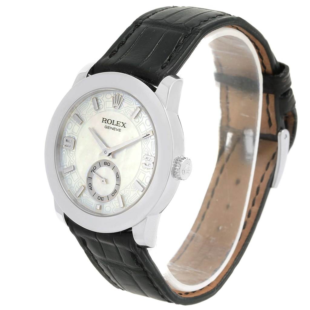 The Rolex Cellini 5240 Platinum Mother of Pearl Dial 5240 Platinum Mother of Pearl Dial watch is shown from an angled front view, highlighting its face, bezel, crown, and leather strap.