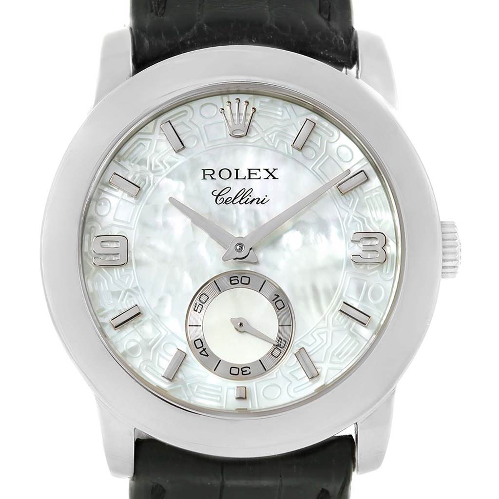 This image shows a front view of a Rolex Cellini 5240 Platinum Mother of Pearl Dial 5240 Platinum Mother of Pearl Dial watch, highlighting the dial, hands, crown, and part of the strap.