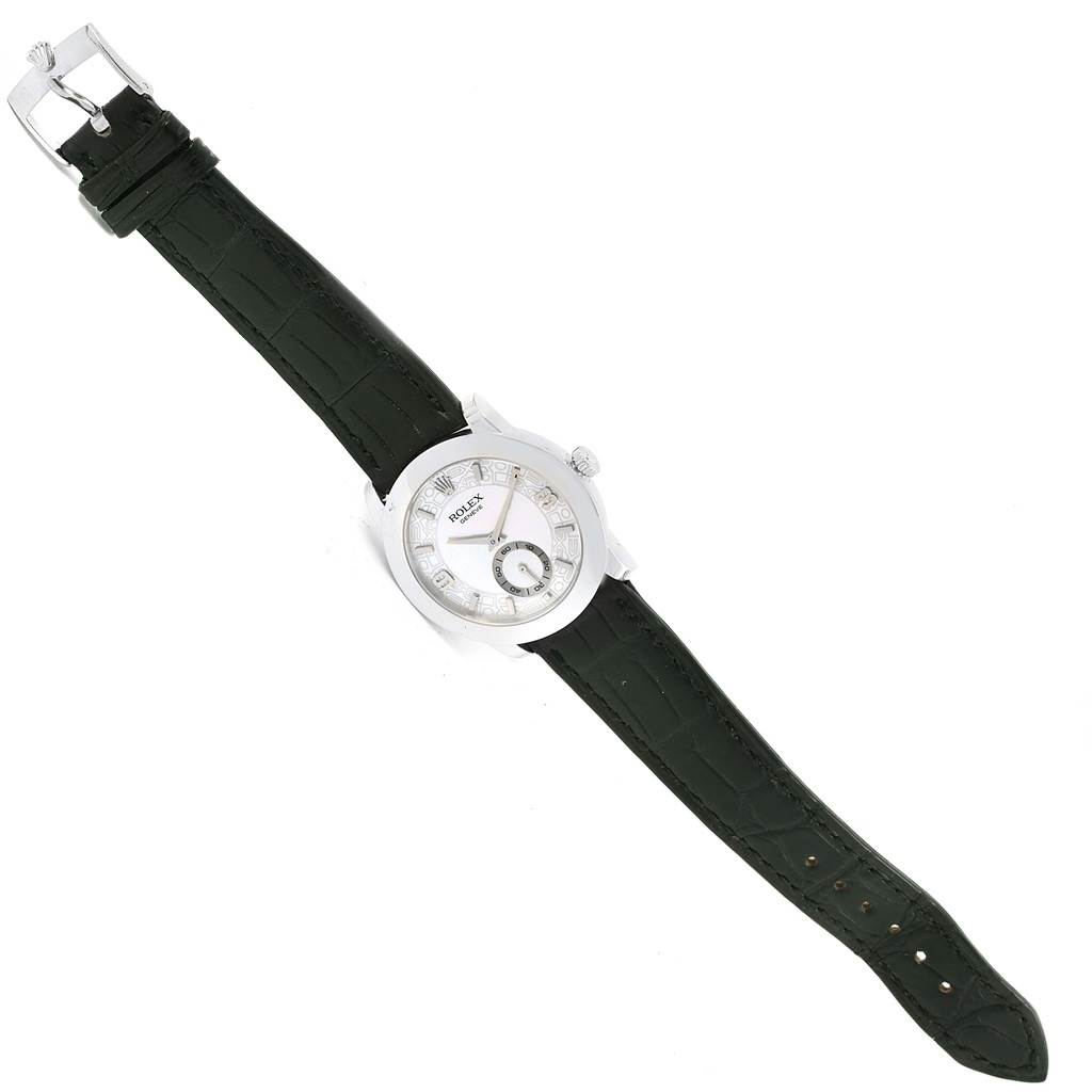 The Rolex Cellini 5240 Platinum Mother of Pearl Dial 5240 Platinum Mother of Pearl Dial watch is shown from a top-down angle, displaying its face, case, and full leather strap.