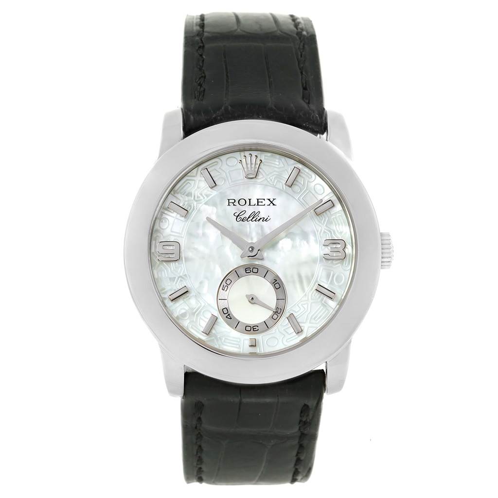 The Rolex Cellini 5240 Platinum Mother of Pearl Dial 5240 Platinum Mother of Pearl Dial watch is shown from the front, displaying the face, hands, and black leather strap.