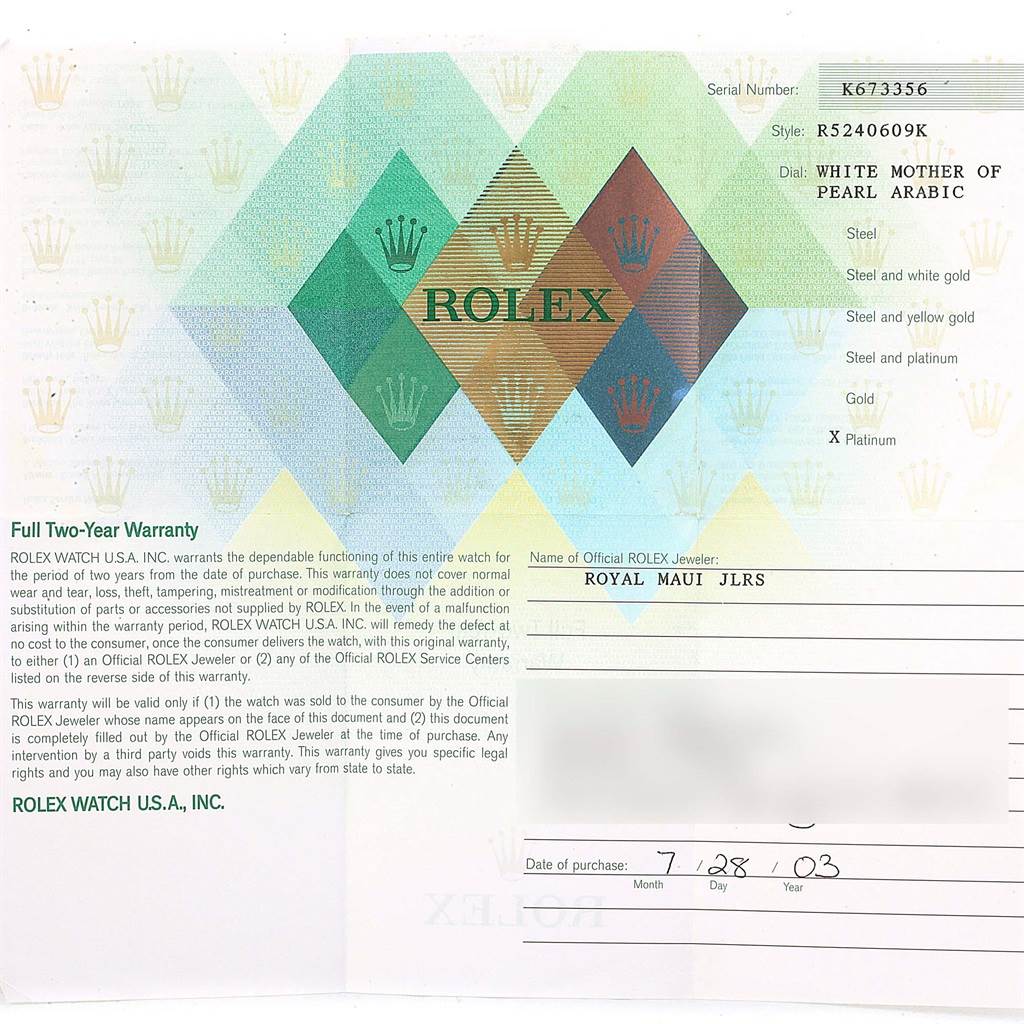 This image shows the warranty card and details for a Rolex Cellini 5240 Platinum Mother of Pearl Dial 5240 Platinum Mother of Pearl Dial watch, including the serial number, style, and official jeweler information.
