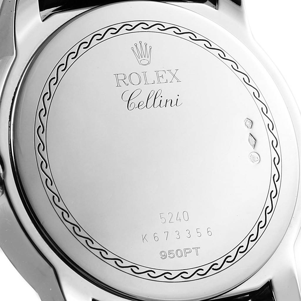 The image shows the back case of a Rolex Cellini 5240 Platinum Mother of Pearl Dial 5240 Platinum Mother of Pearl Dial watch, displaying the brand, model name, and serial number.