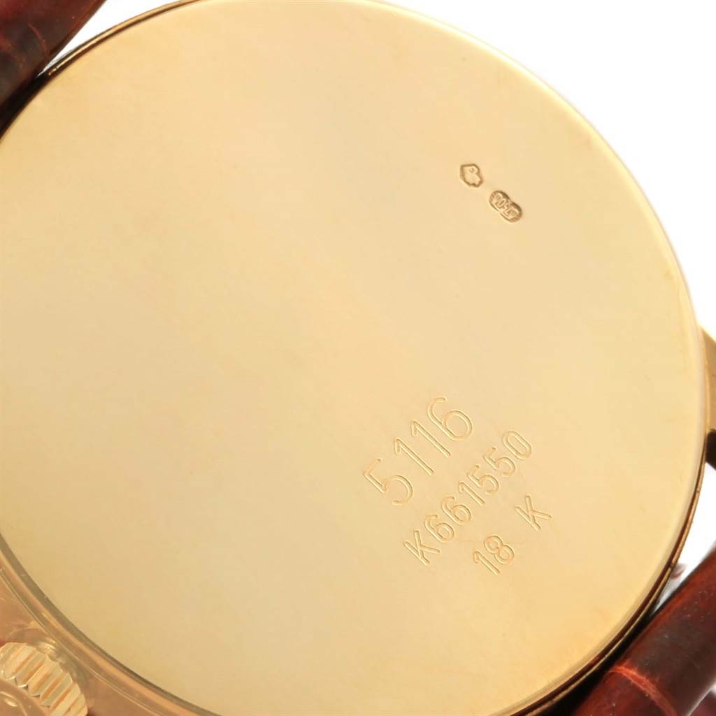 This image shows a close-up of the back case of a Rolex Cellini 5116 Yellow Gold Mother of Pearl Dial 5116 Yellow Gold Mother of Pearl Dial watch, highlighting the model number, serial number, and gold markings.