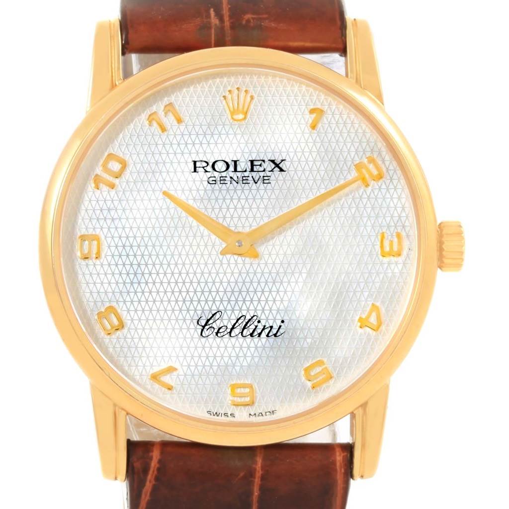 The image shows a frontal view of a Rolex Cellini 5116 Yellow Gold Mother of Pearl Dial 5116 Yellow Gold Mother of Pearl Dial watch, displaying the face, hands, crown, and part of the leather strap.