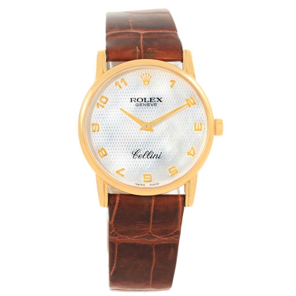 This is a frontal view of a Rolex Cellini 5116 Yellow Gold Mother of Pearl Dial 5116 Yellow Gold Mother of Pearl Dial watch showing the face, case, and leather strap.