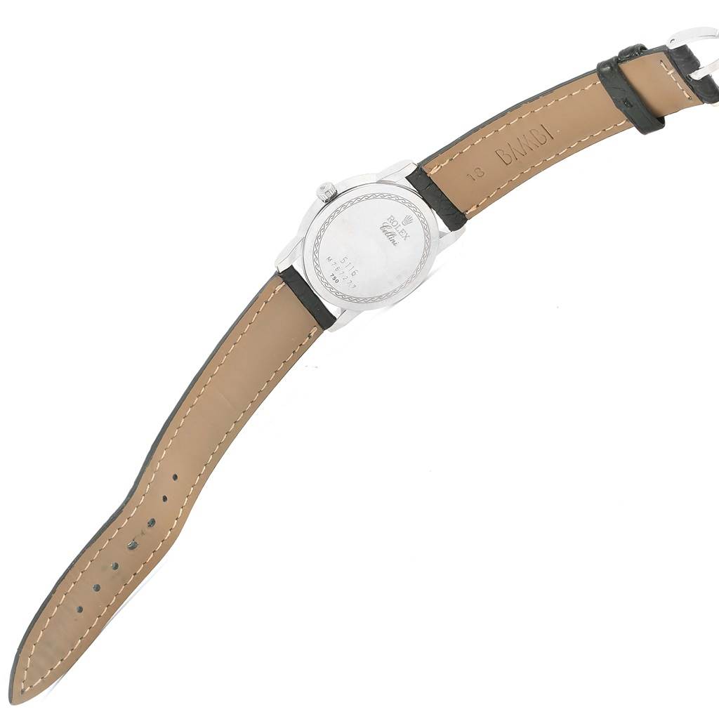 This image shows the back and side view of the Rolex Cellini 5116 Men
s White Gold Silver Dial 5116 Men
s White Gold Silver Dial watch with the leather strap fully extended.