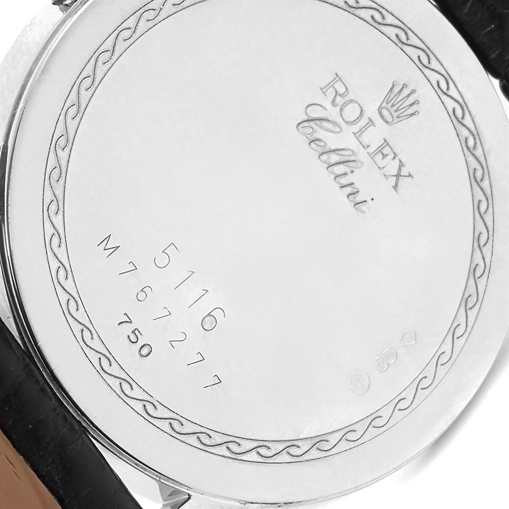 The image shows the back case of a Rolex Cellini 5116 Men
s White Gold Silver Dial 5116 Men
s White Gold Silver Dial watch, displaying the model number, serial number, and branding details.