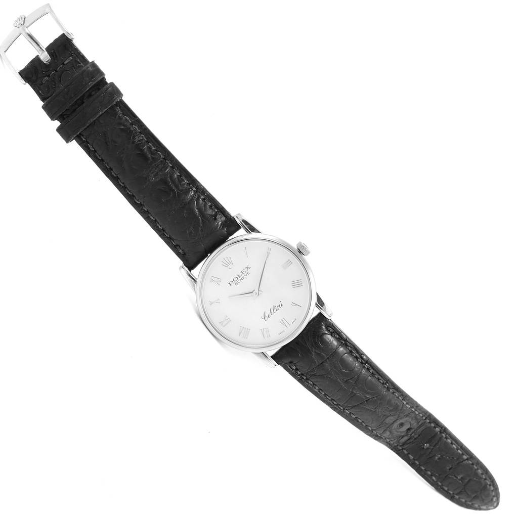 The Rolex Cellini 5116 Men
s White Gold Silver Dial 5116 Men
s White Gold Silver Dial watch is shown at a slight angle, displaying the full face, case, and both leather straps.