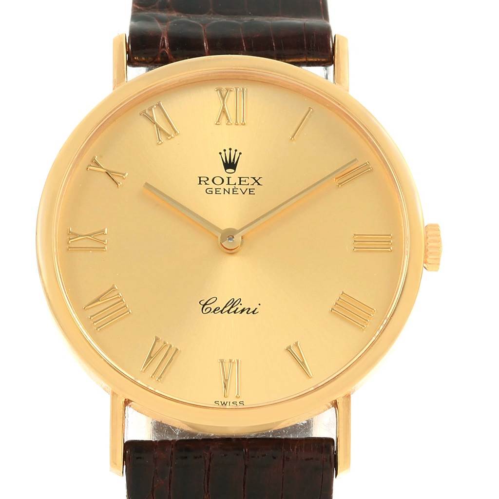 The Rolex Cellini 5112 Yellow Gold Champagne Dial 5112 Yellow Gold Champagne Dial model watch is shown from a front angle, highlighting its dial, case, crown, and part of the strap.