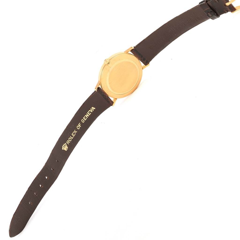 This image shows the back and strap of a Rolex Cellini 5112 Yellow Gold Champagne Dial 5112 Yellow Gold Champagne Dial watch, viewed from above.