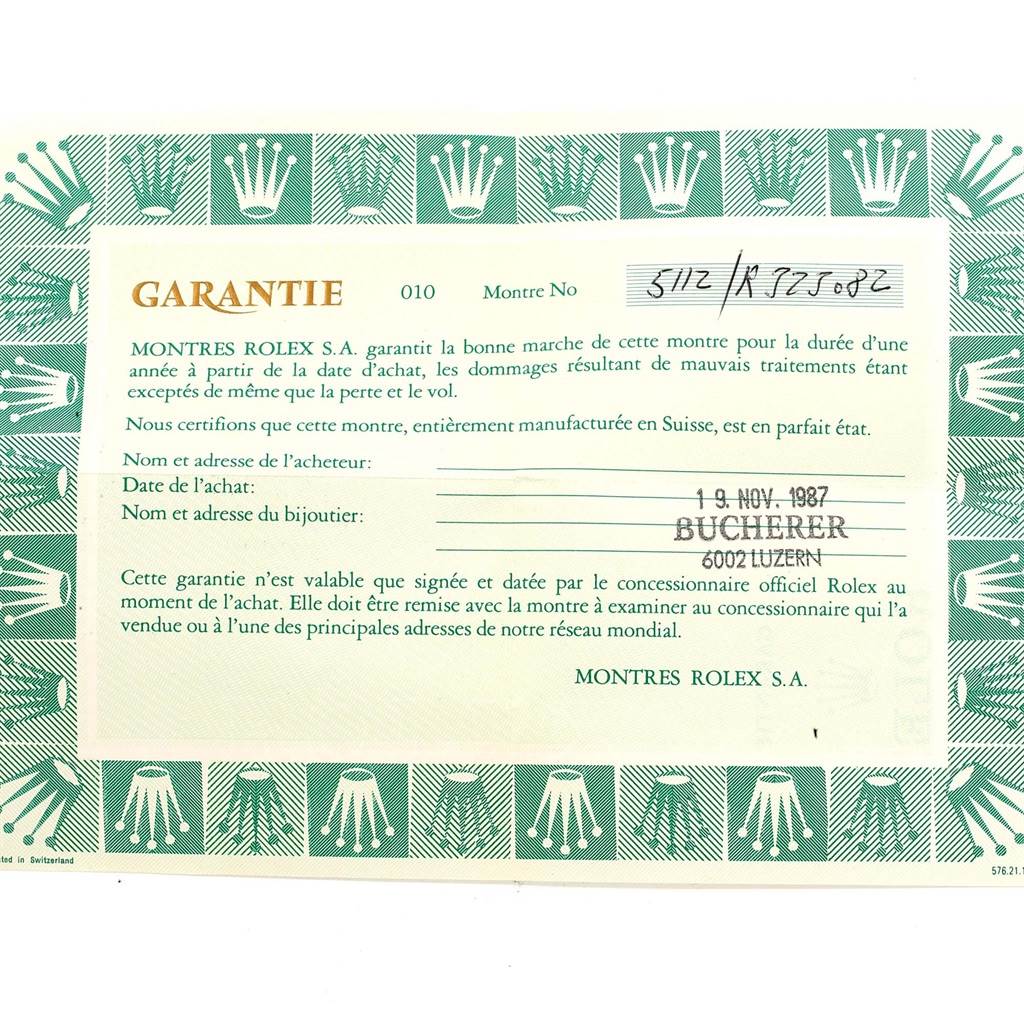 The image shows a warranty certificate for the Rolex Cellini 5112 Yellow Gold Champagne Dial 5112 Yellow Gold Champagne Dial model with details like the purchase date and buyer
s information.